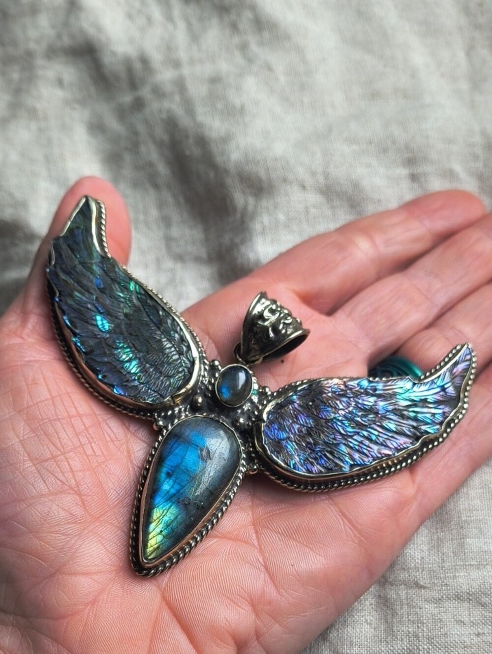 GORGEOUS Blue Labradorite And  Abalone  Angel Fairy Pendant Tibetan Silver - Picture 8 of 10